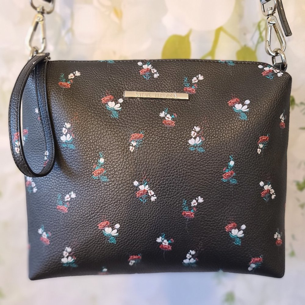 Steve Madden Black Floral Leather bag W/ small wallet, Like new condition